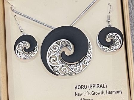 Black Spiral Koru Necklace and Earrings For Sale