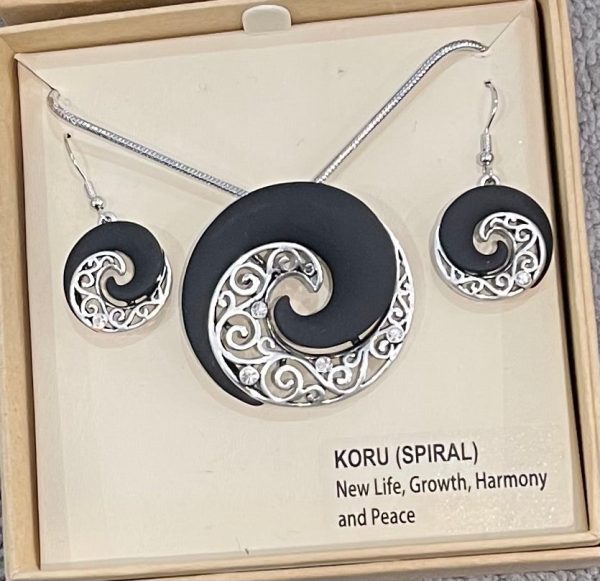 Black Spiral Koru Necklace and Earrings For Sale